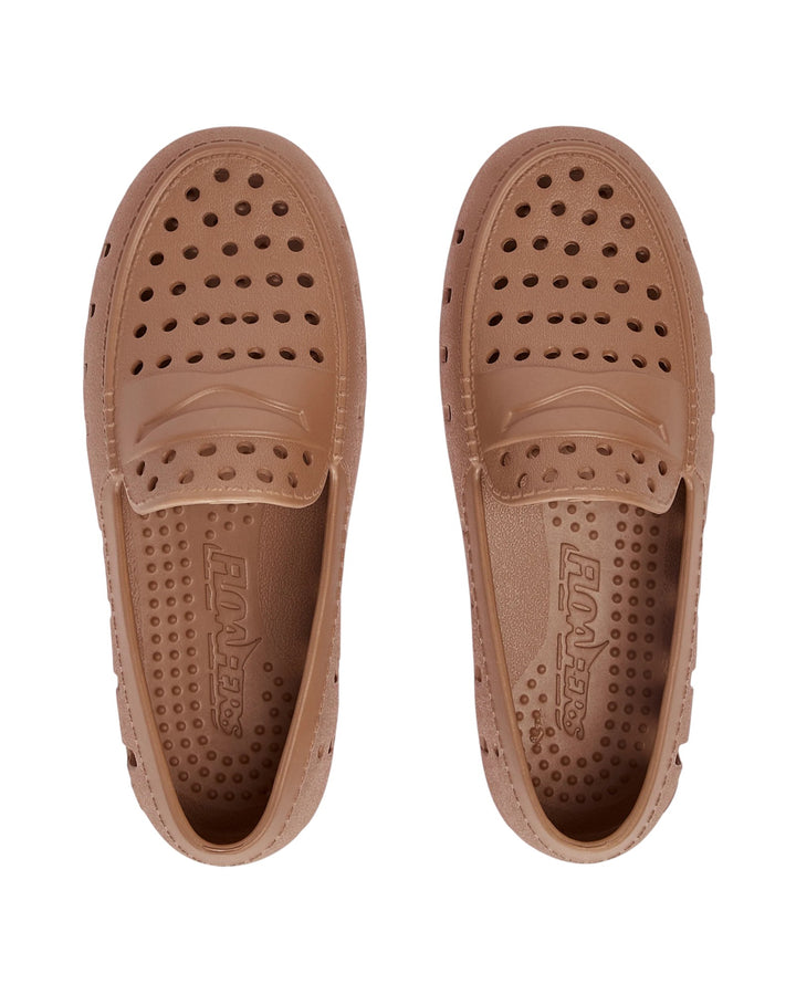 Pair of brown clogs with 'Crocs' branding on a white background