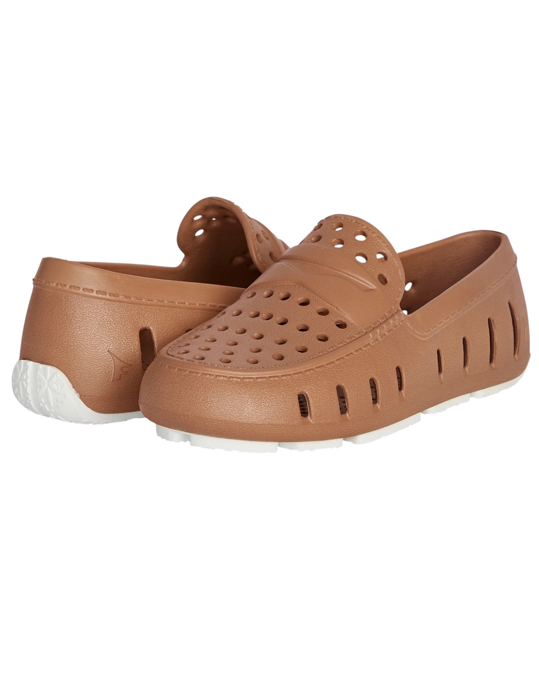 Pair of brown clogs with white soles on a white background, that store