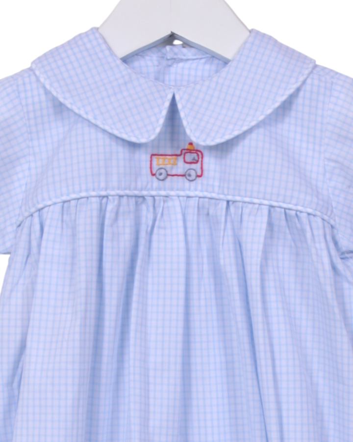 Blue embroidered bubble  with a red and white fire truck design on a hanger