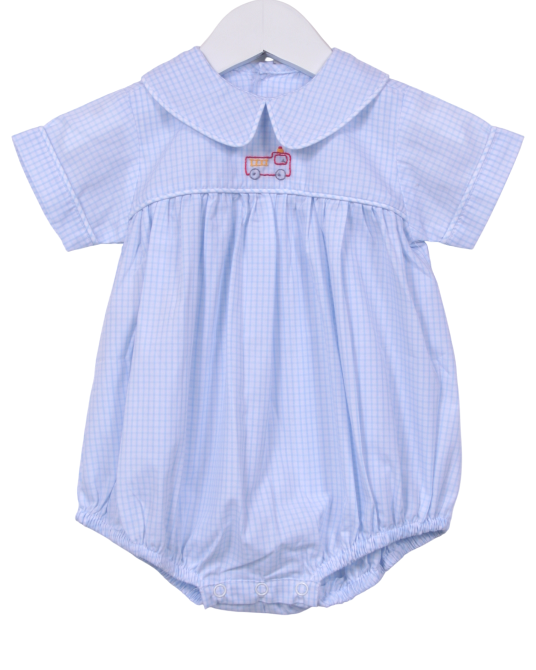 Light blue checkered embroidered baby romper with a red truck design on a white background