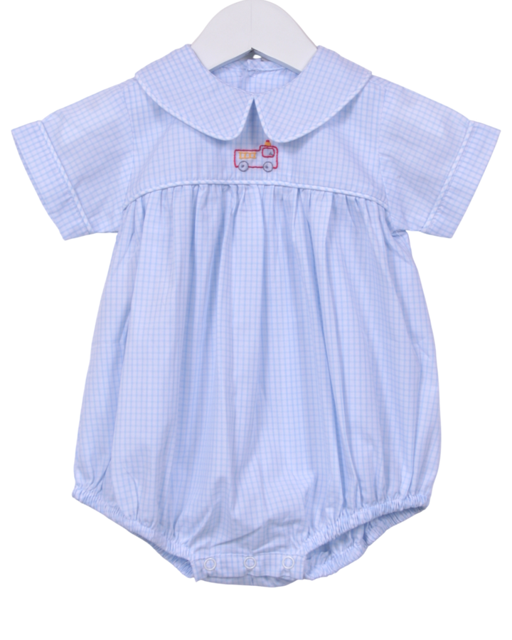 Light blue checkered embroidered baby romper with a red truck design on a white background