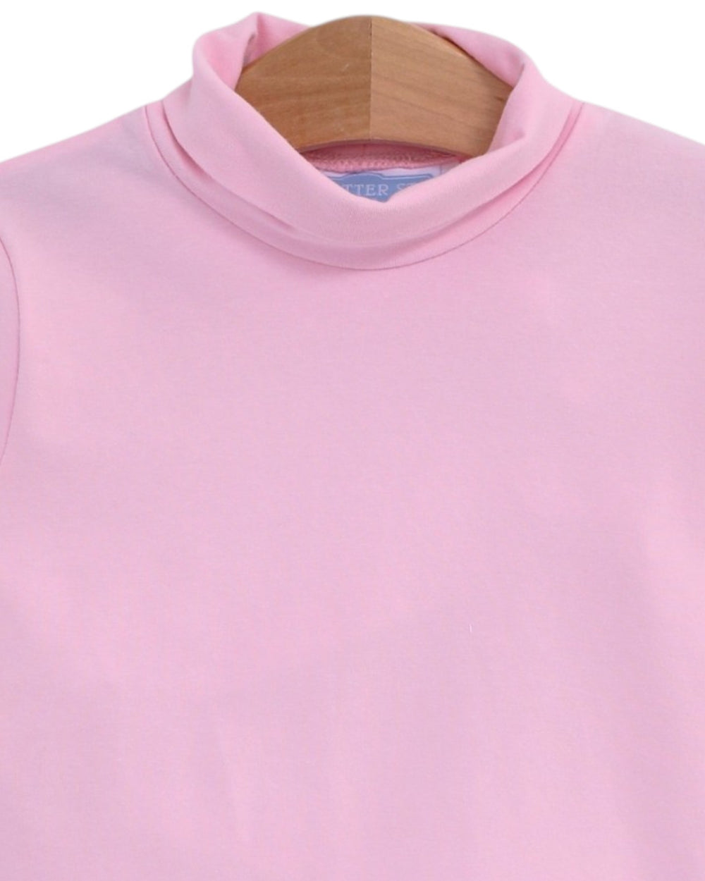 A close-up of a light pink mock neck sweatshirt on a wooden hanger against a white background, that store