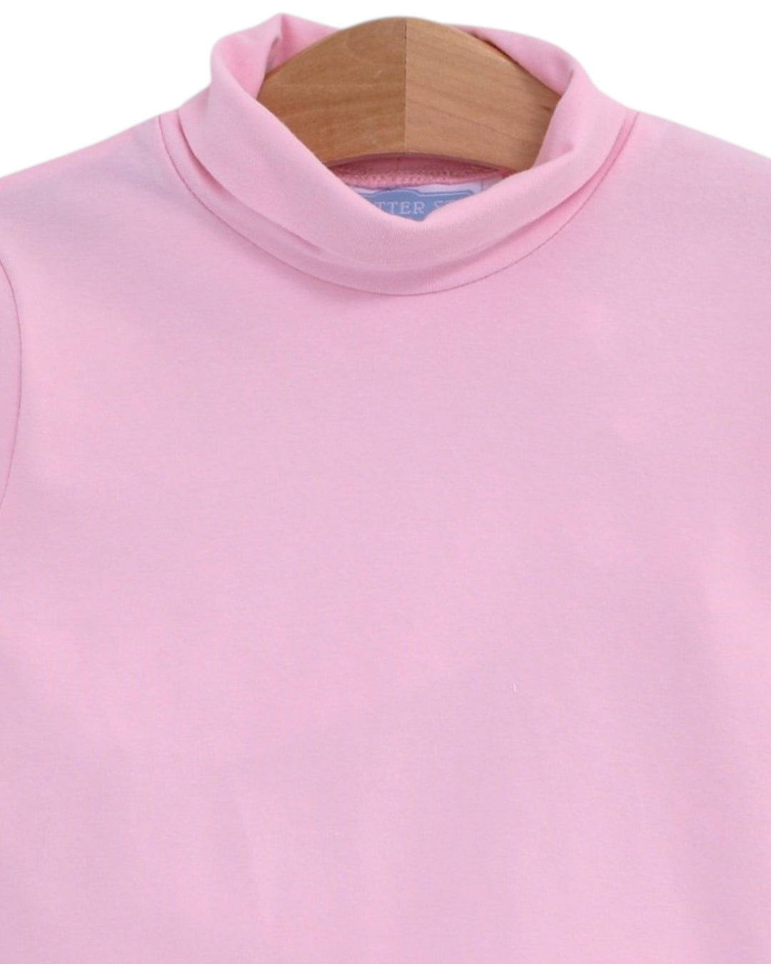 A close-up of a light pink mock neck sweatshirt on a wooden hanger against a white background, that store