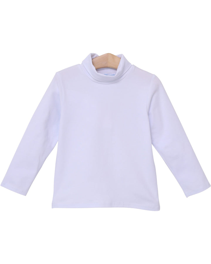 A white long-sleeve mock neck turtleneck top displayed on a wooden hanger against a plain white background, that store