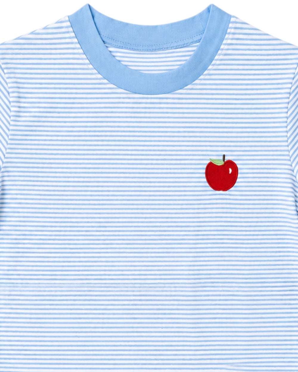 Blue and white striped shirt with a red apple emblem on a plain background