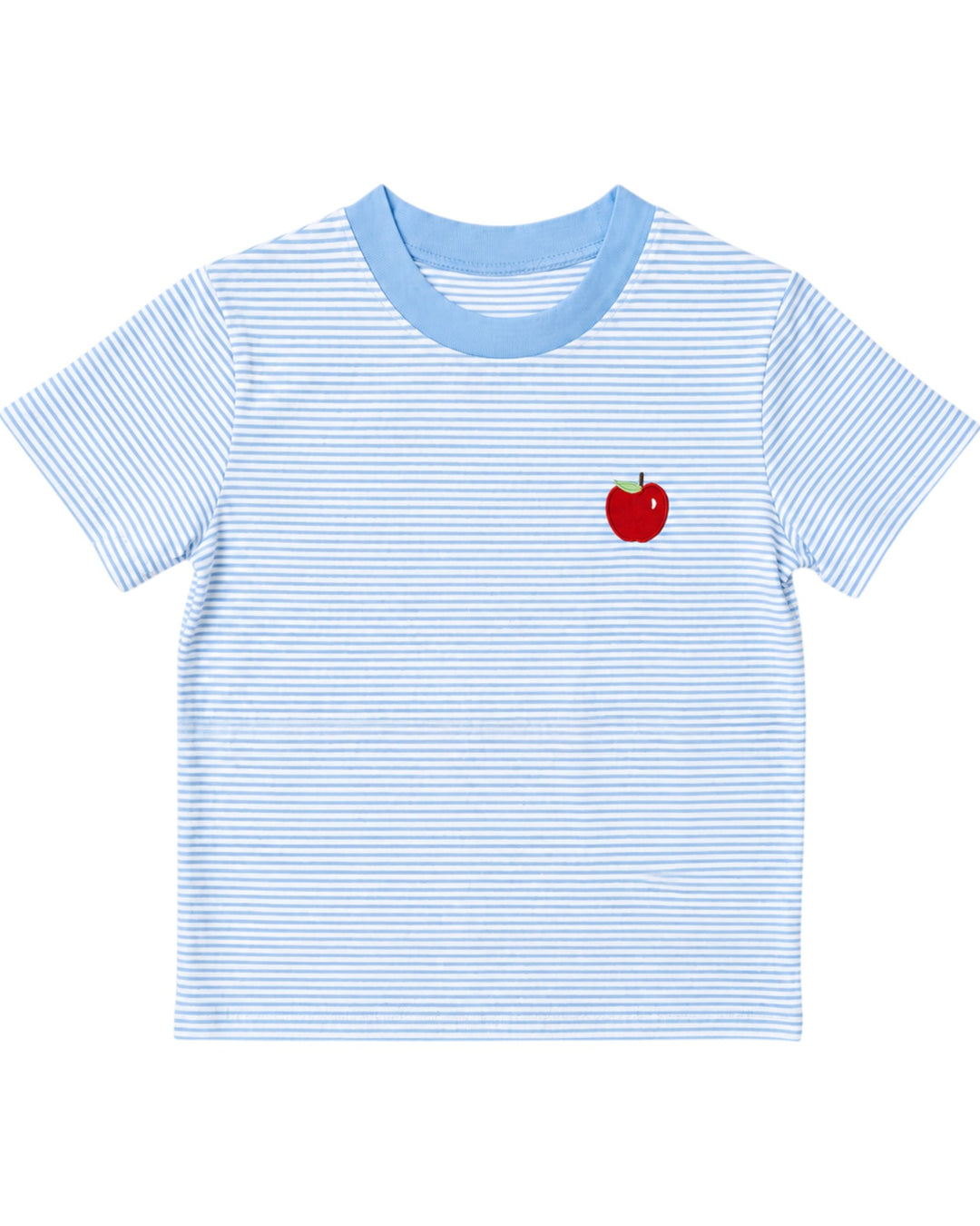 Blue and white striped t-shirt with a red apple design on a white background