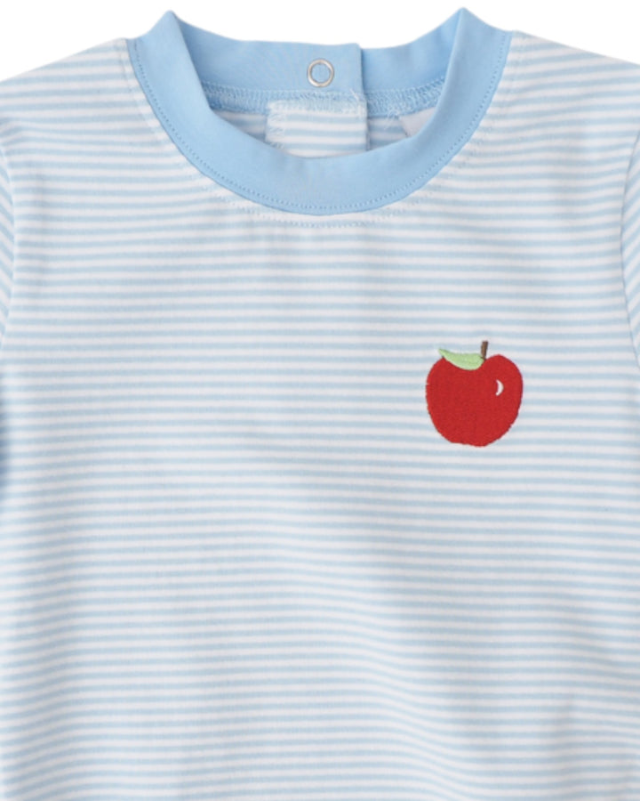 Blue and white striped shirt with a red apple design on a plain background