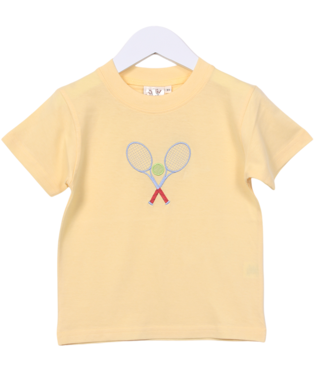 Tennis Racket Applique Boys Yellow Shirt, Shop That Store, front