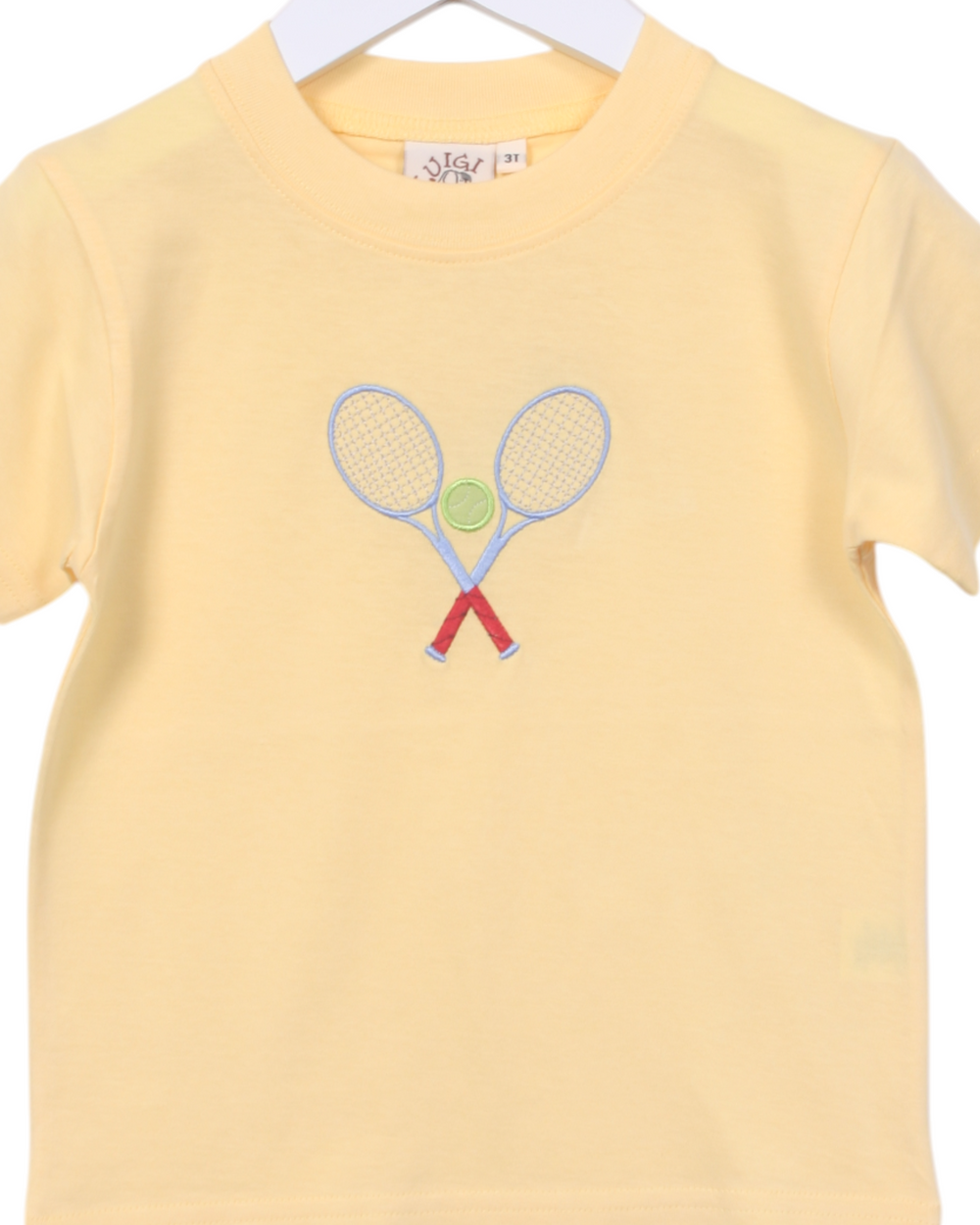 Tennis Racket Applique Boys Yellow Shirt, That Store, close up