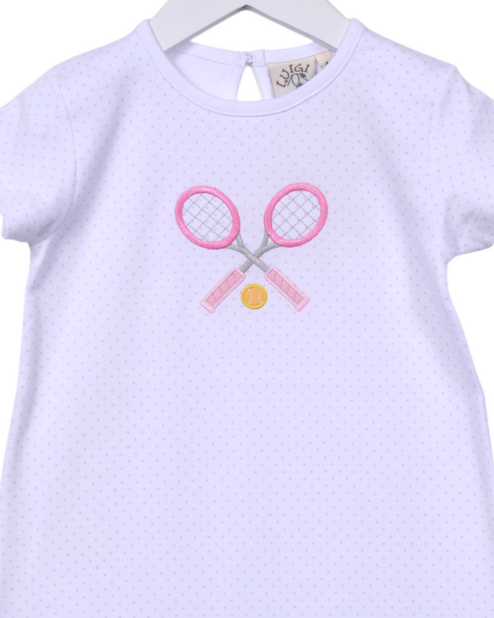 Tennis Racket Applique Pink Dots Dress, That Store, close up