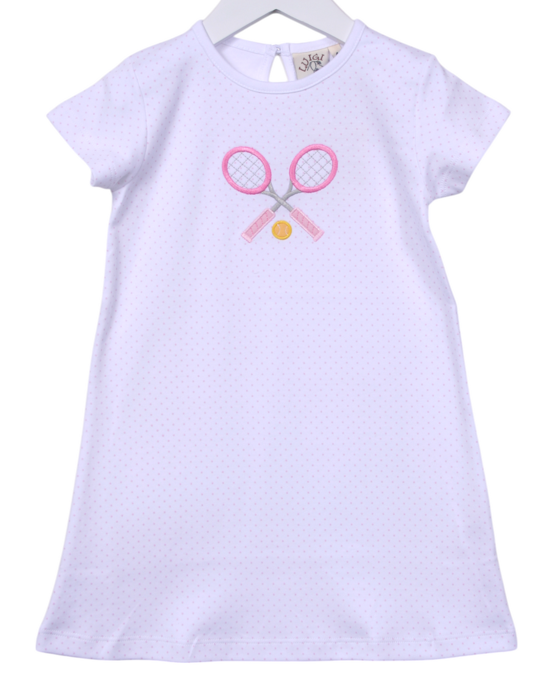 Tennis Racket Applique Pink Dots Dress, That Store, front