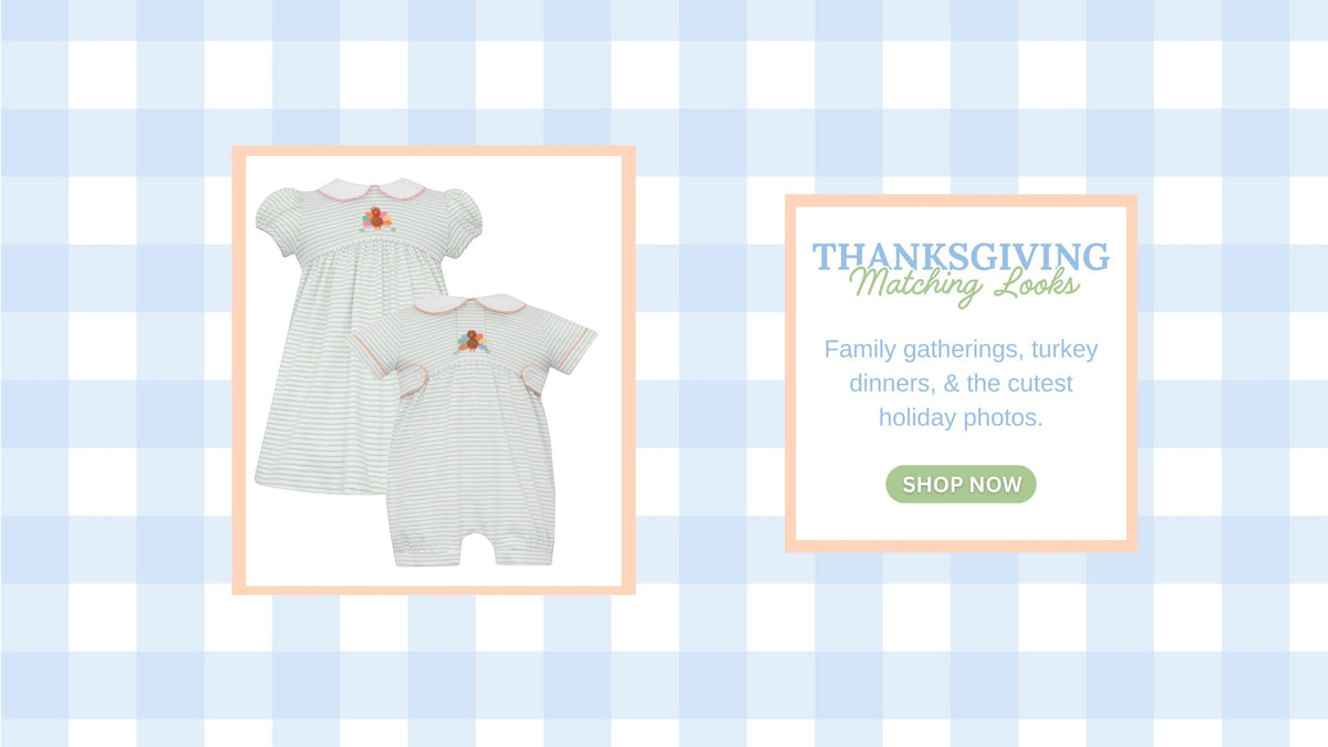A baby matching set featuring a short-sleeve striped dress and a short-sleeve romper with a small orange bird embroidery, displayed on a light blue and white checkered background with promotional text at That Store
