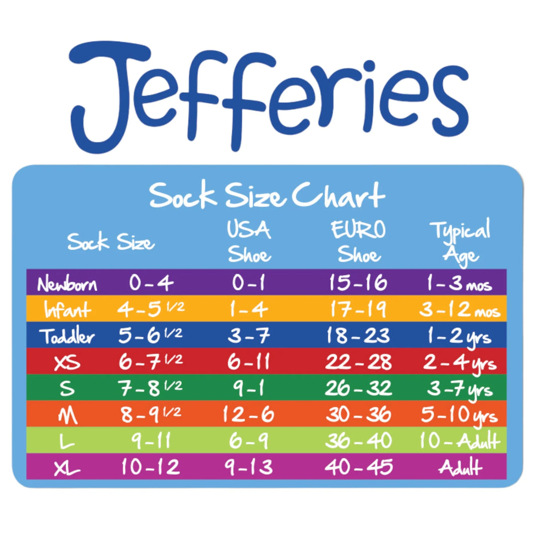 A colorful Jefferies Sock Size Chart graphic with rows for Newborn through XL and columns for Sock Size, USA Shoe, EURO Shoe, and Typical Age, that store