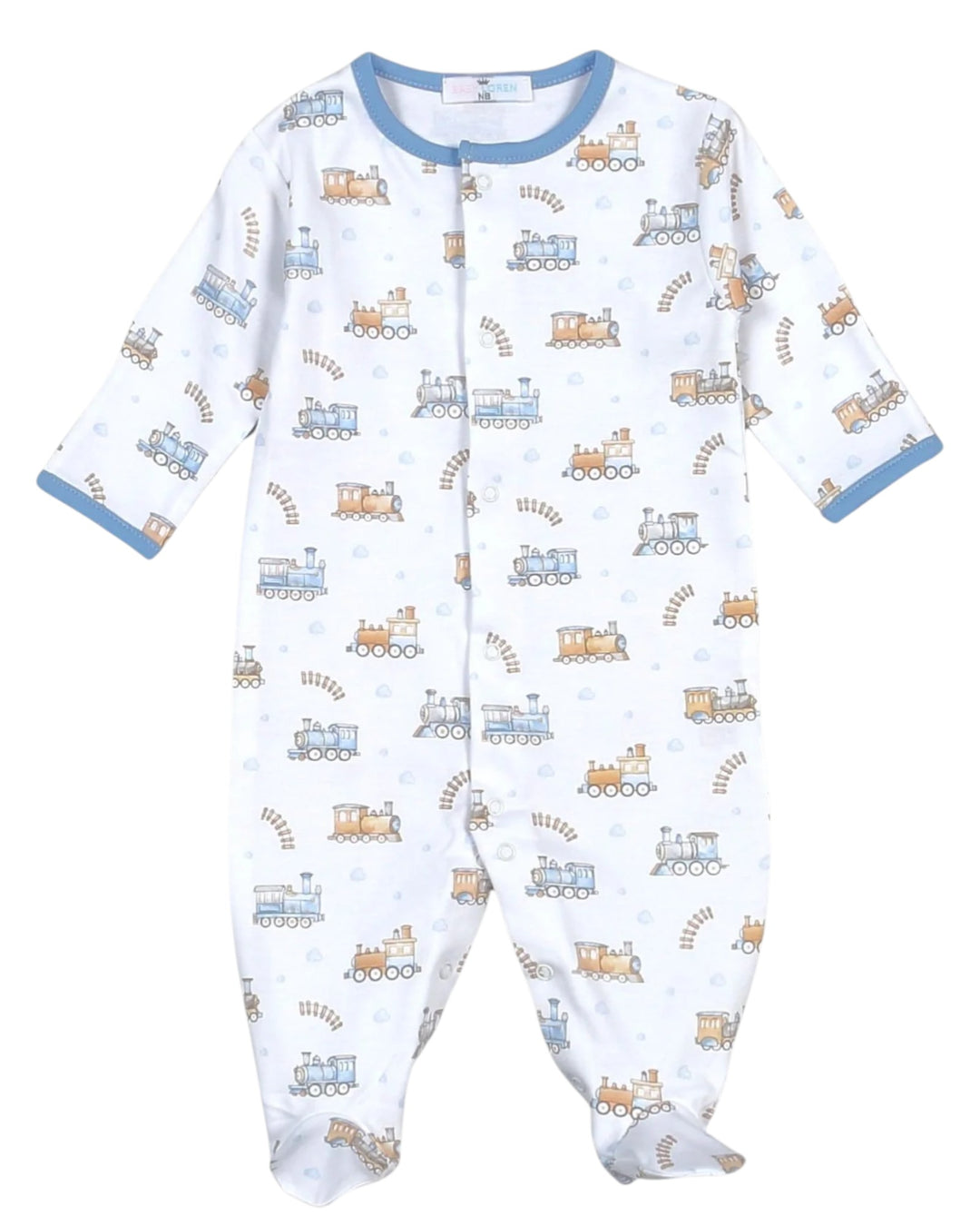 Baby onesie with train pattern on a white background