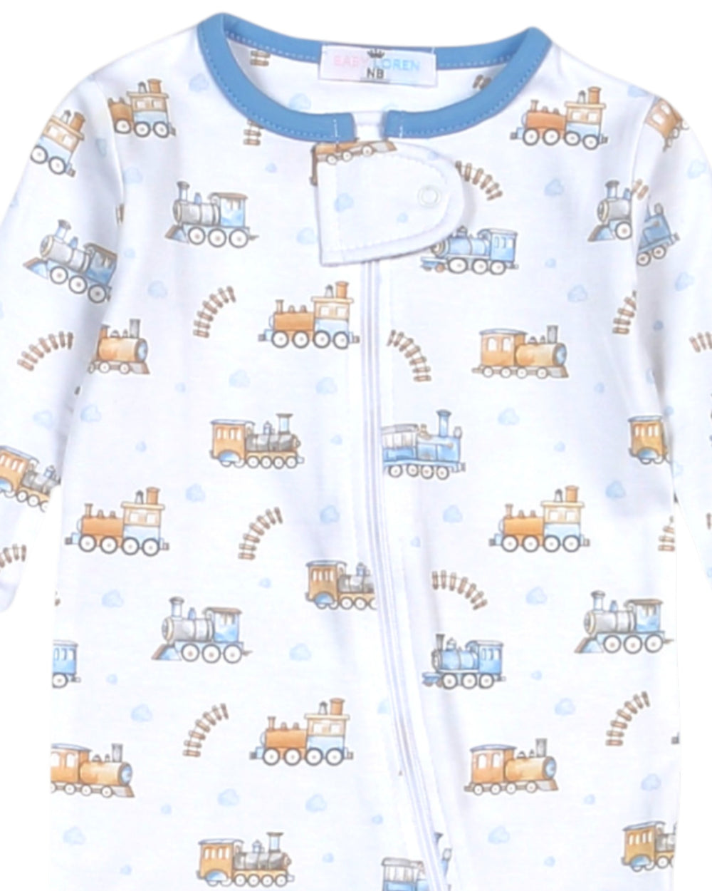 Baby onesie with train pattern on a white background