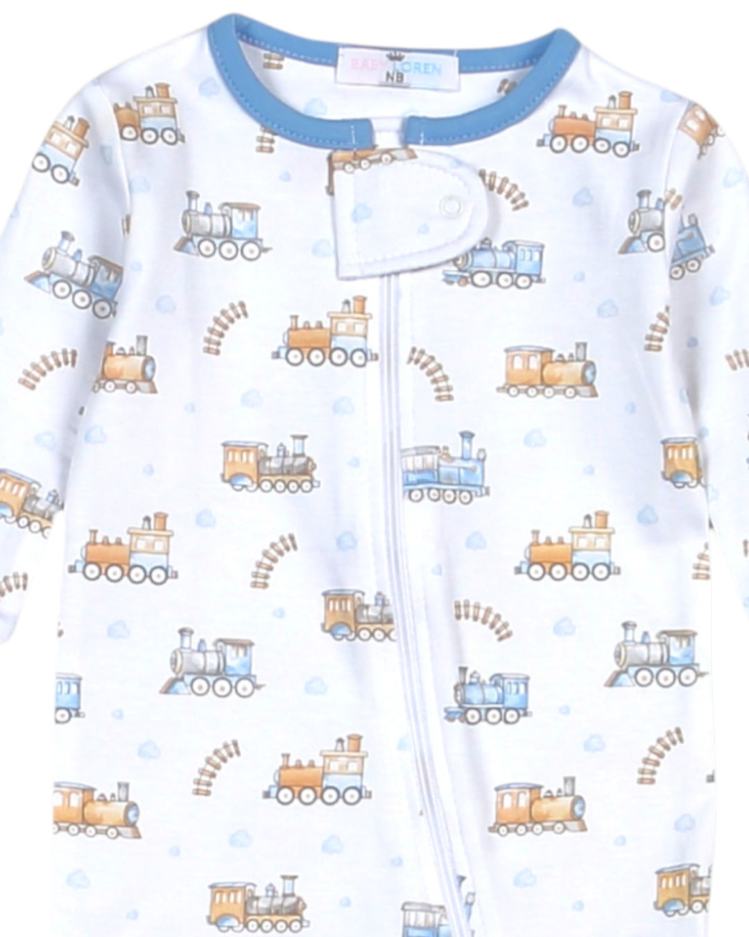 Baby onesie with train pattern on a white background