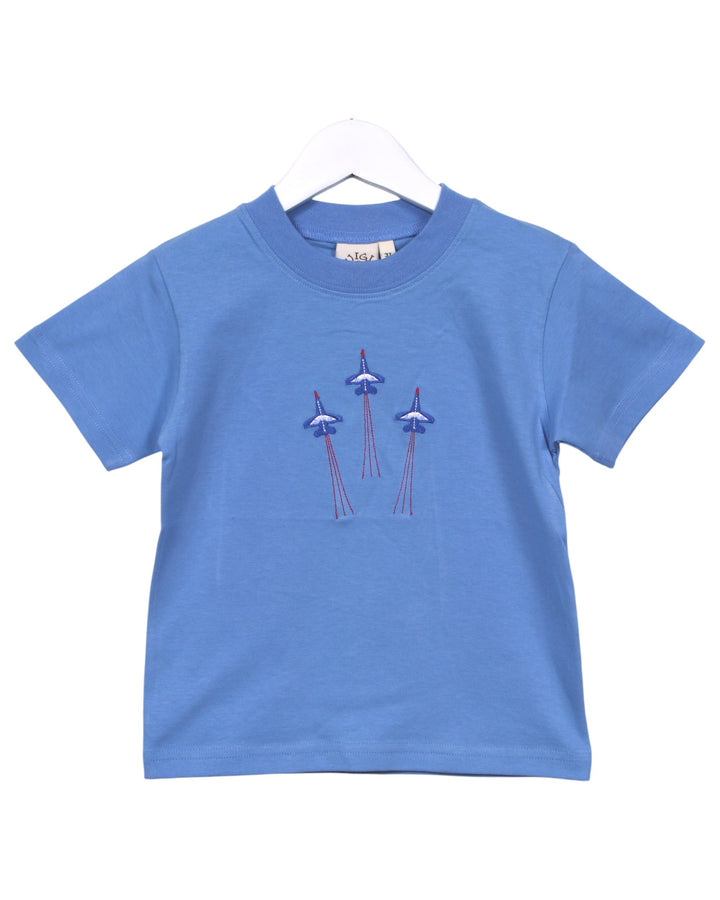 Blue t-shirt with embroidered designs on a white background