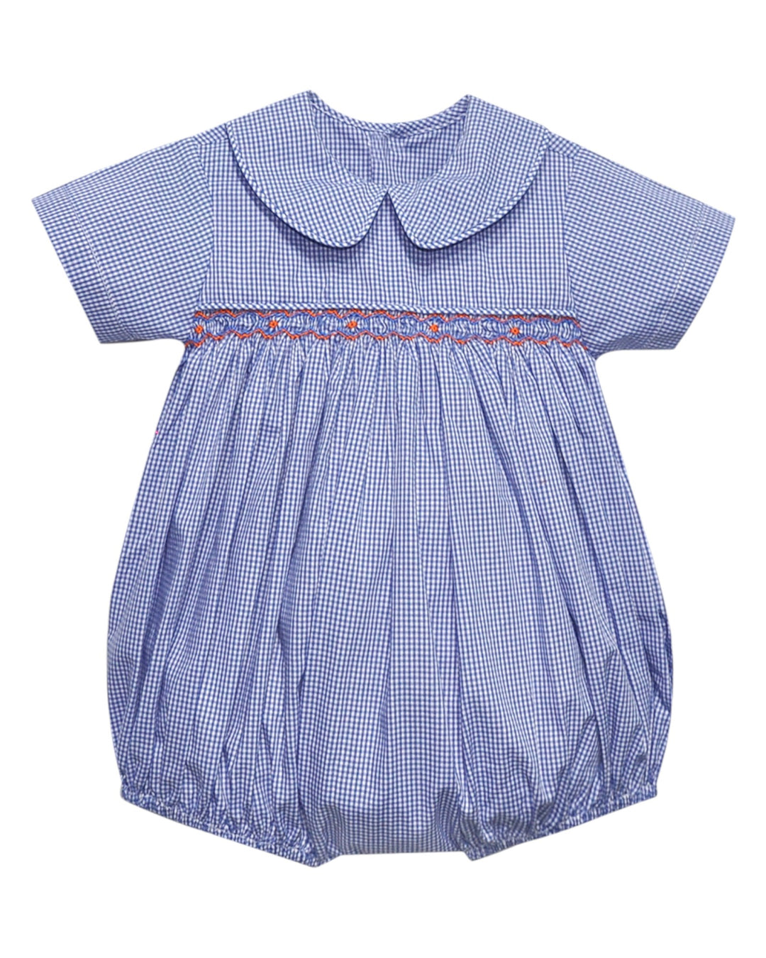 Blue checkered baby romper with embroidered details on a white background