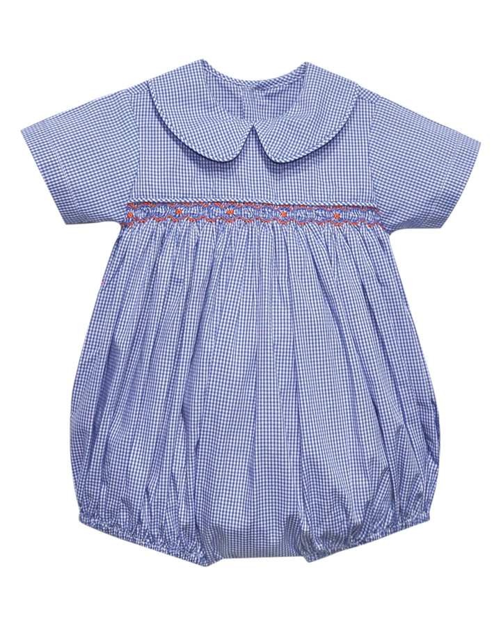 Blue checkered baby romper with embroidered details on a white background