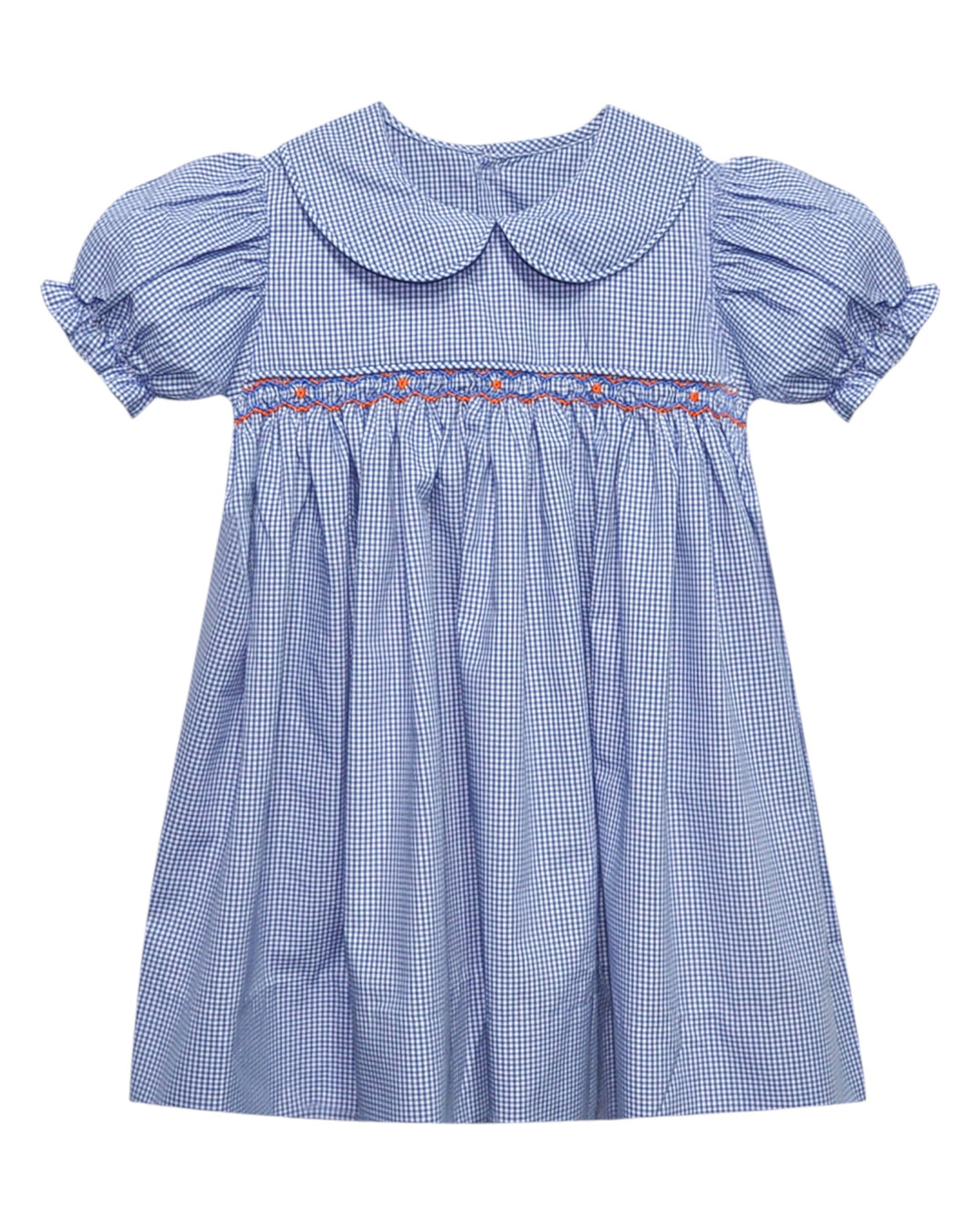 Blue checkered dress with ruffled sleeves and collar on a white background