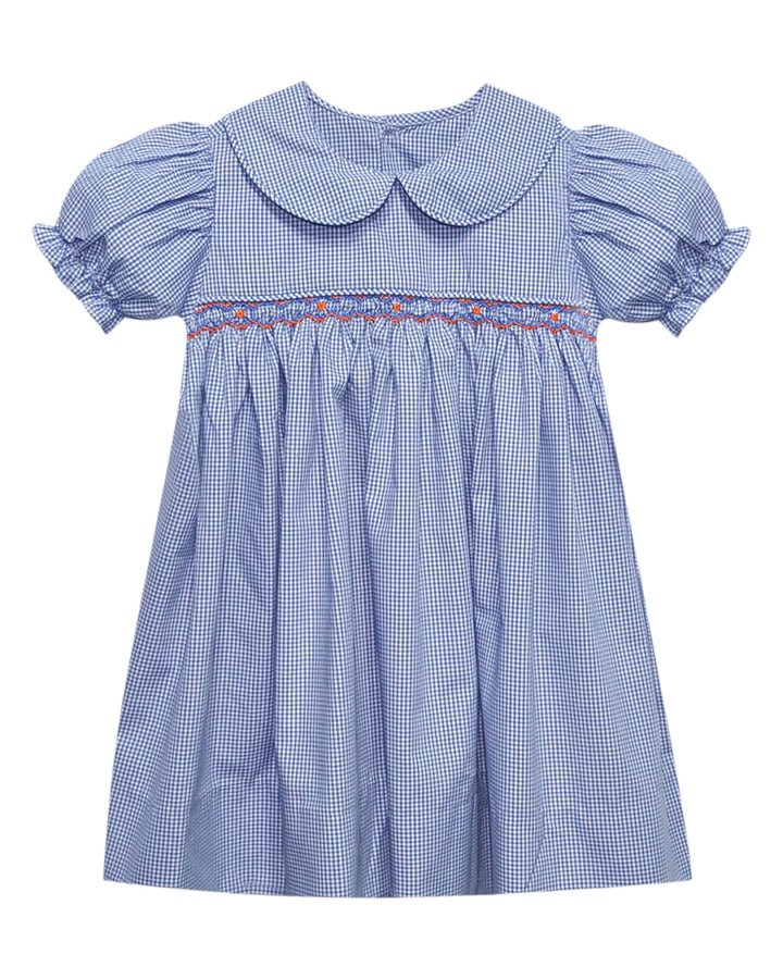 Blue checkered dress with ruffled sleeves and collar on a white background