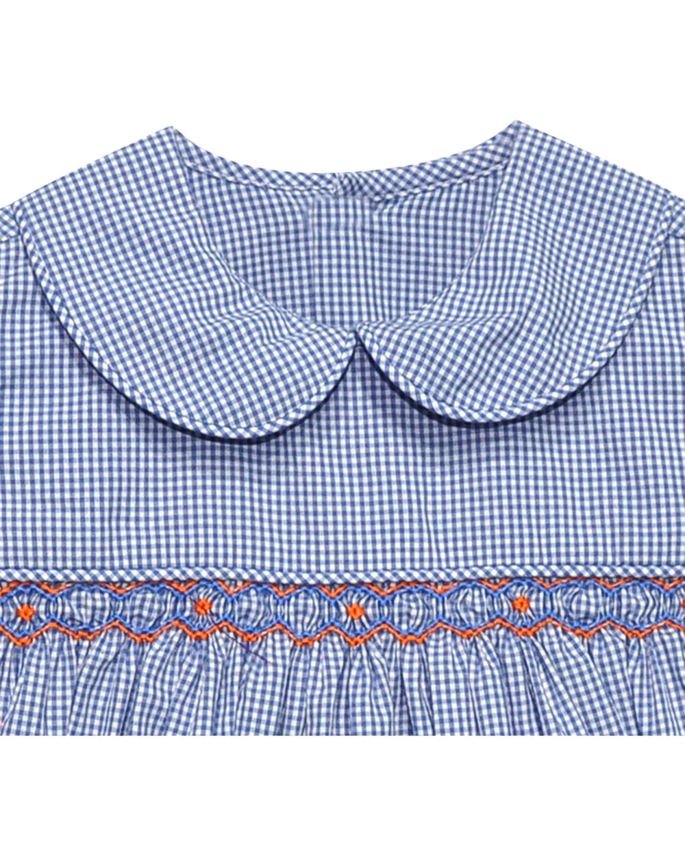 Blue checkered dress with a decorative collar and hem on a white background