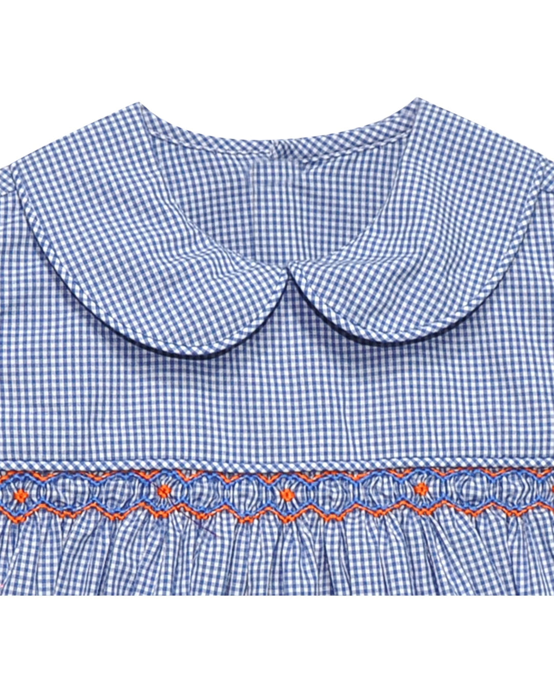 Blue checkered dress with a decorative collar and hem on a white background