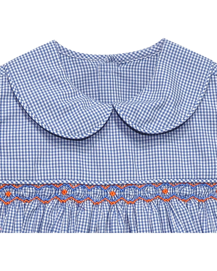 Blue checkered dress with a decorative collar and hem on a white background