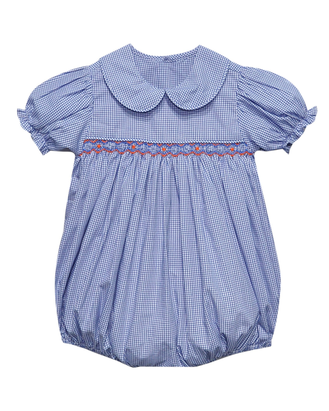 Blue checkered baby romper with a large collar on a white background
