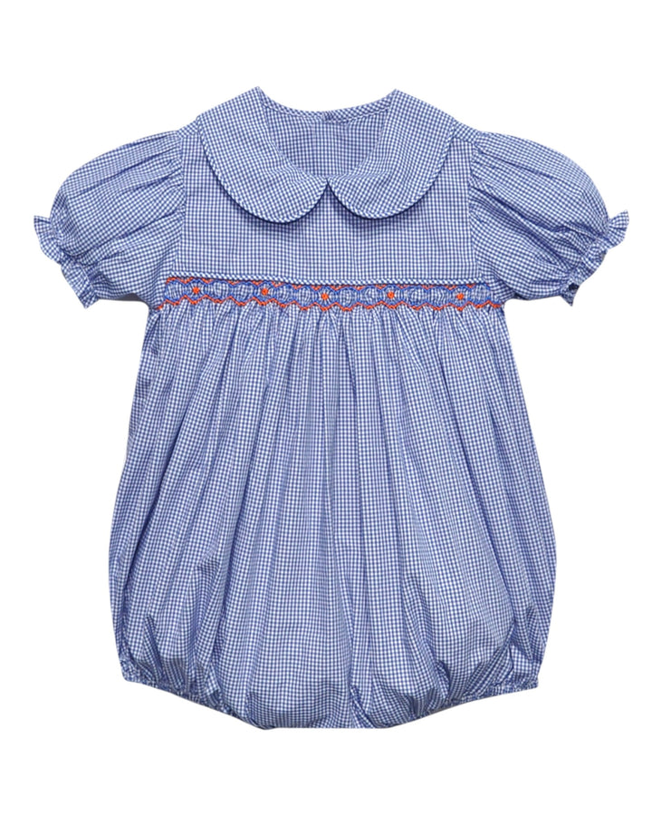Blue checkered baby romper with a large collar on a white background