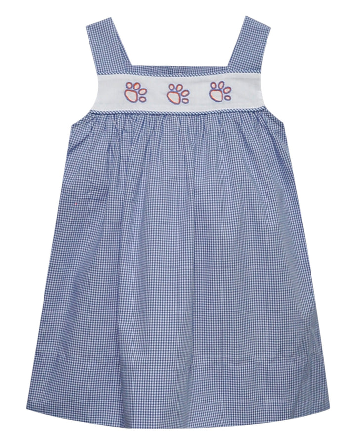 Blue checkered dress with paw print details on a white background