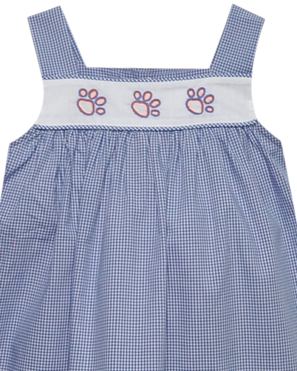 Blue checkered dress with paw print design on a white background