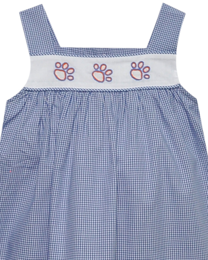 Blue checkered dress with paw print design on a white background