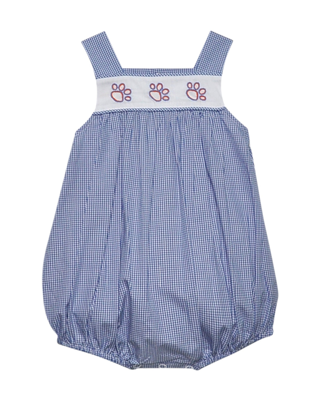 Blue checkered baby romper with white waistband on a white background