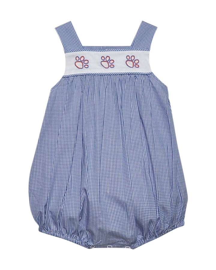 Blue checkered baby romper with white waistband on a white background