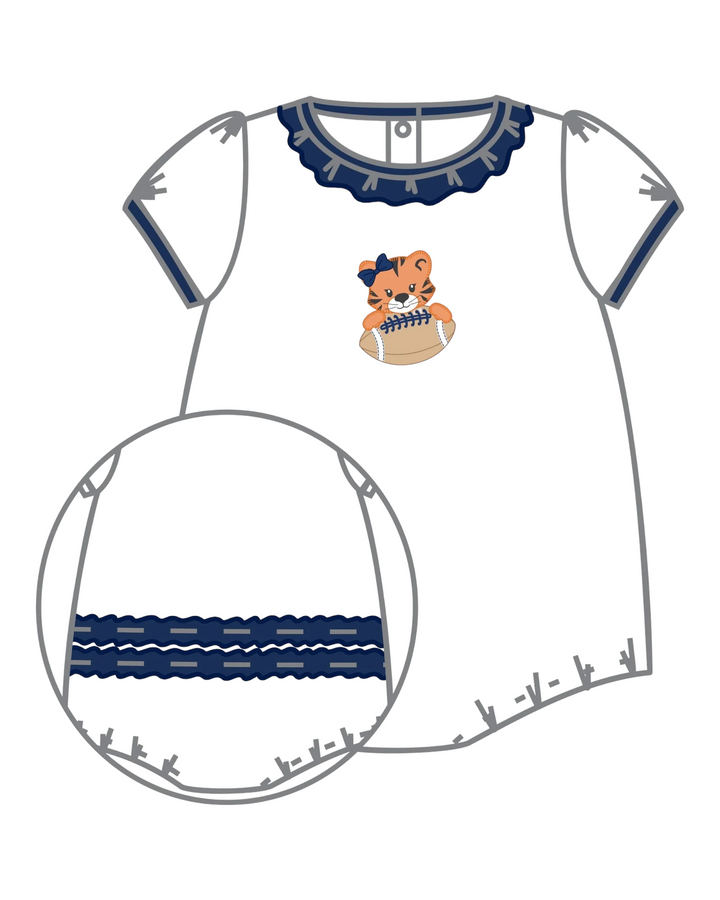 Tiger Pride Applique Ruffle White & Navy Bubble, drawaing