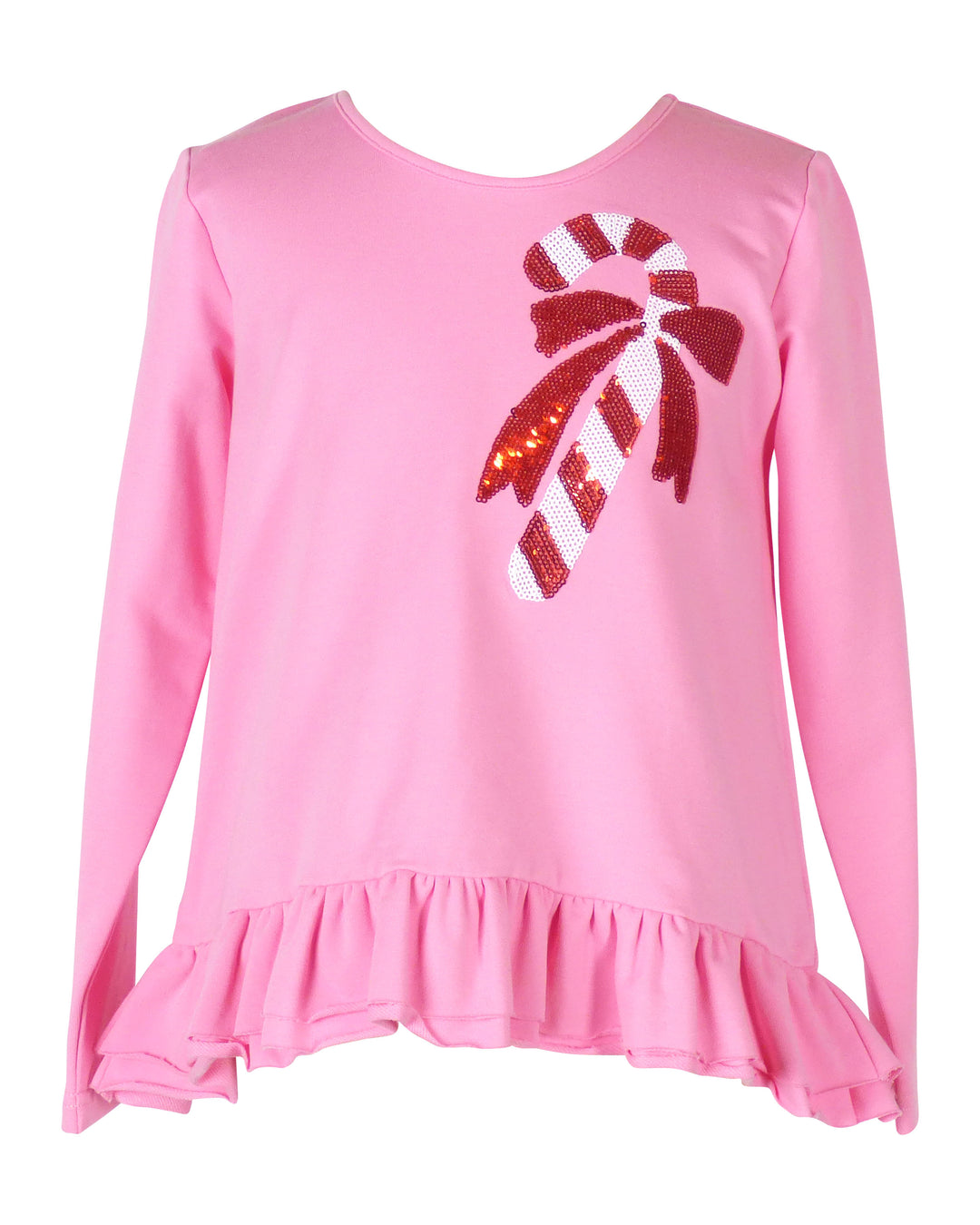 Pink long-sleeve top with a candy cane design on a white background