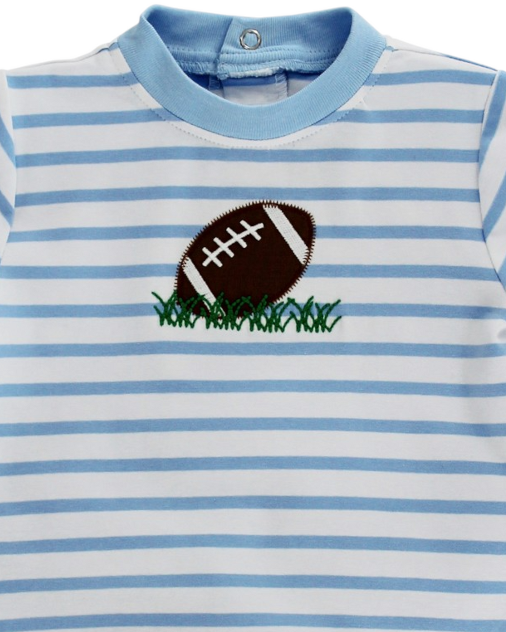 Tiny Touchdown Boys Blue Stripe Knit Romper, That Store, close