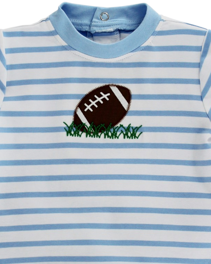 Tiny Touchdown Boys Blue Stripe Knit Romper, That Store, close