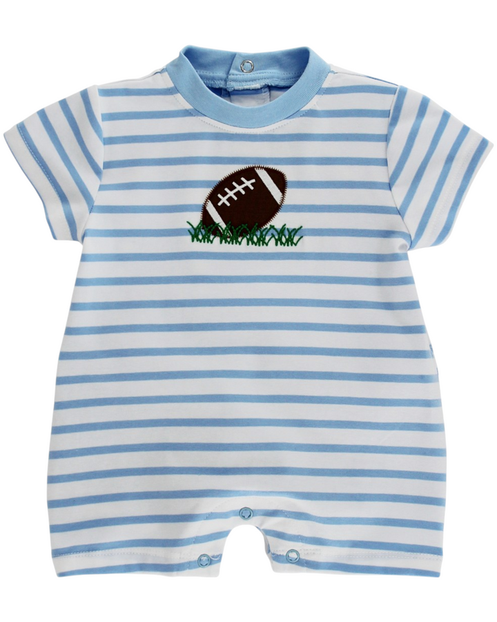Tiny Touchdown Boys Blue Stripe Knit Romper, That Store, front