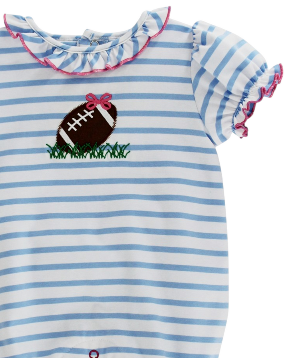 Tiny Touchdown Girls Blue Stripe Knit Romper, close