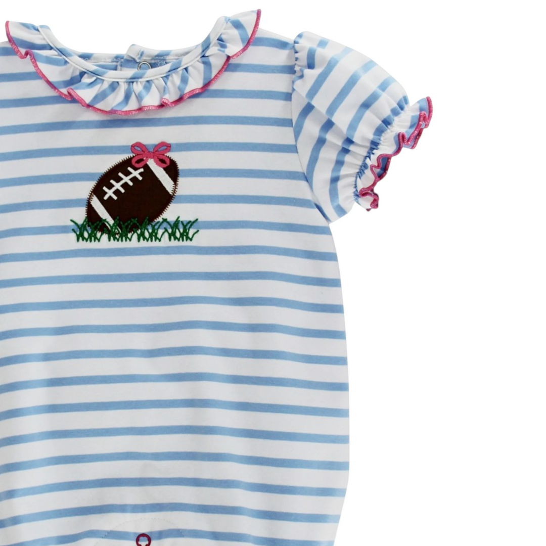 Tiny Touchdown Girls Blue Stripe Knit Romper, close