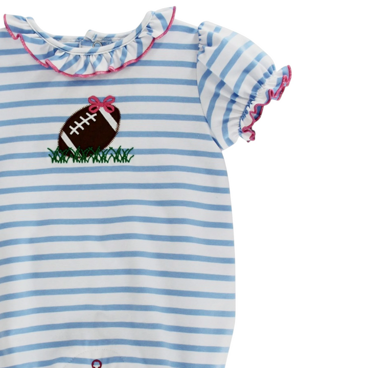 Tiny Touchdown Girls Blue Stripe Knit Romper, close