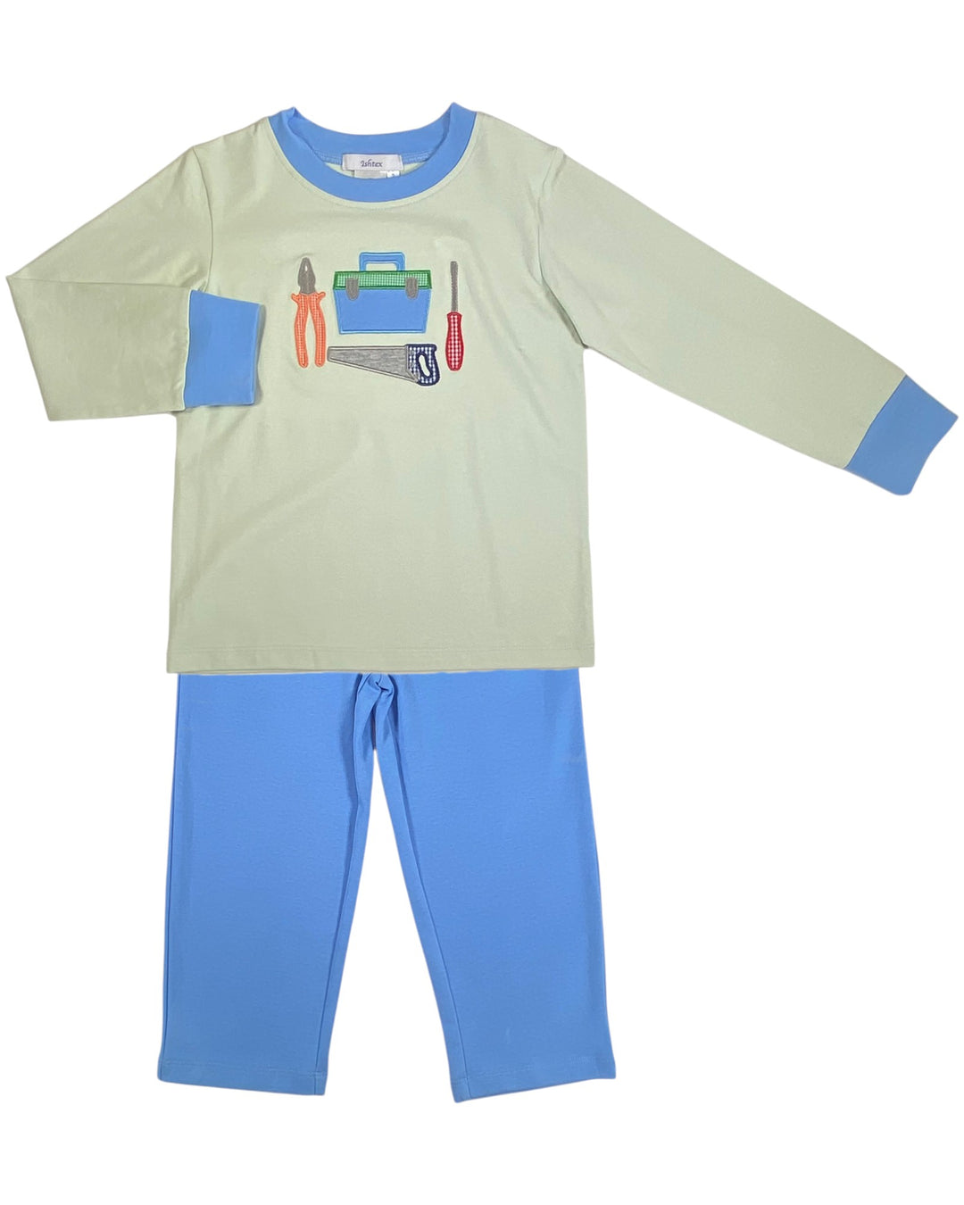 Children's pajama set with tool-themed design on a white background