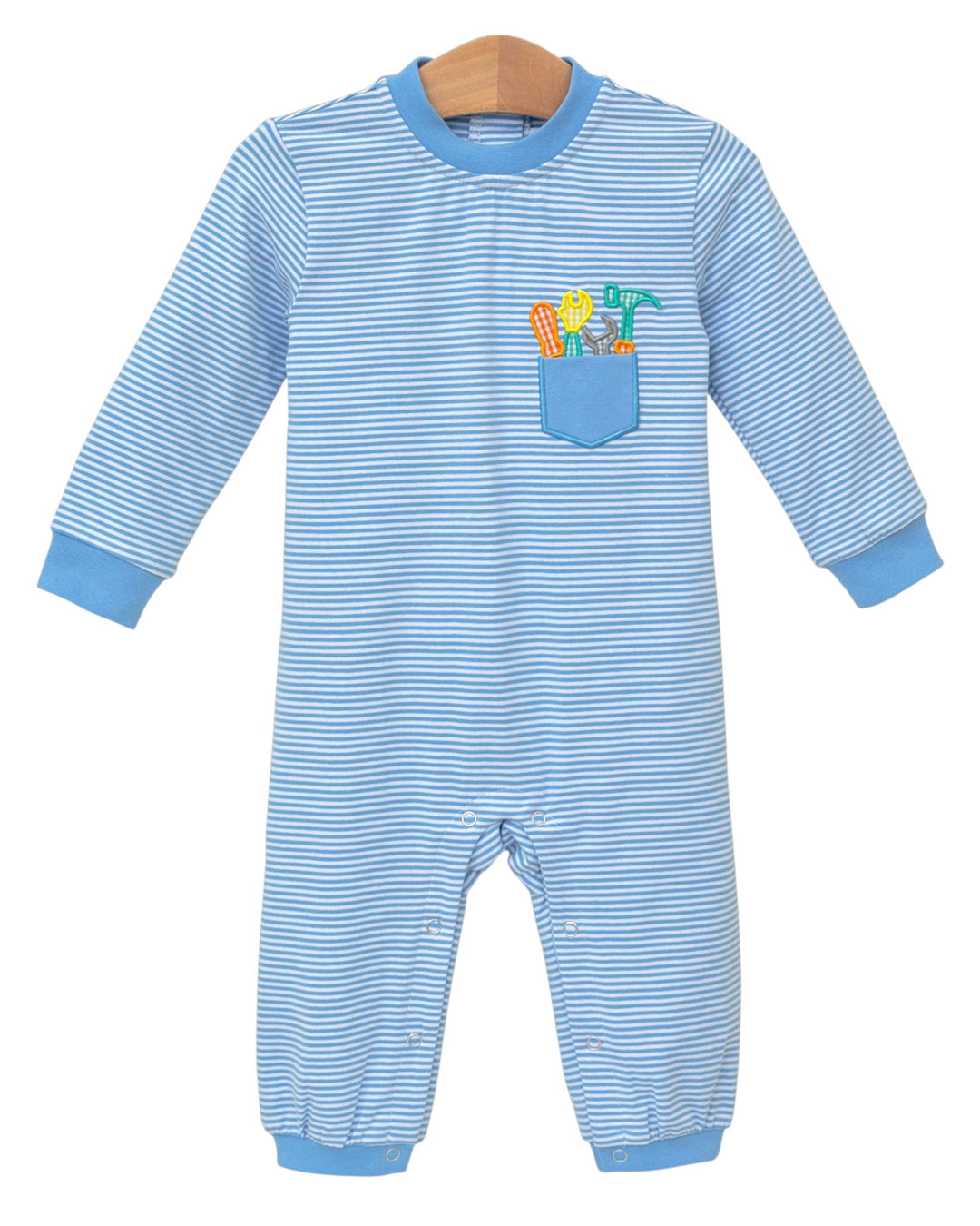 Blue striped baby onesie with a colorful pocket on a white background