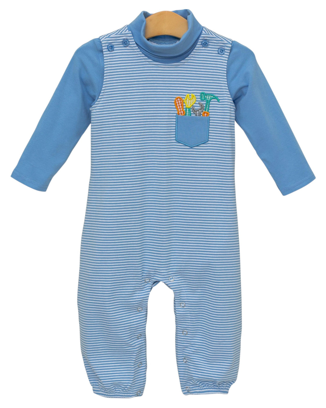 Blue striped baby romper with colorful pocket on a white background