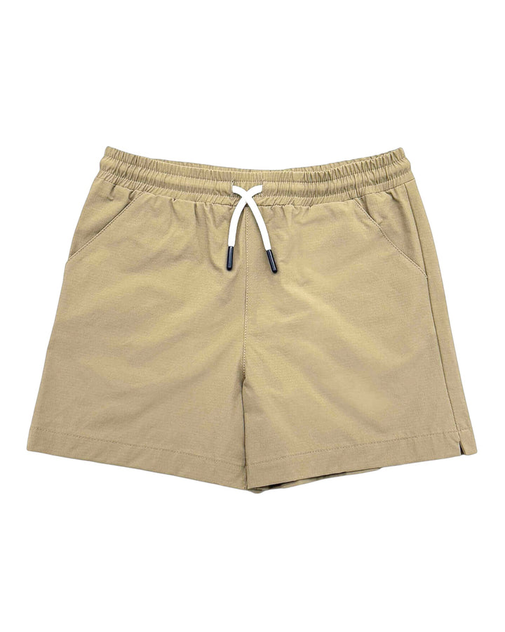 Beige shorts with a white drawstring on a white background, that store