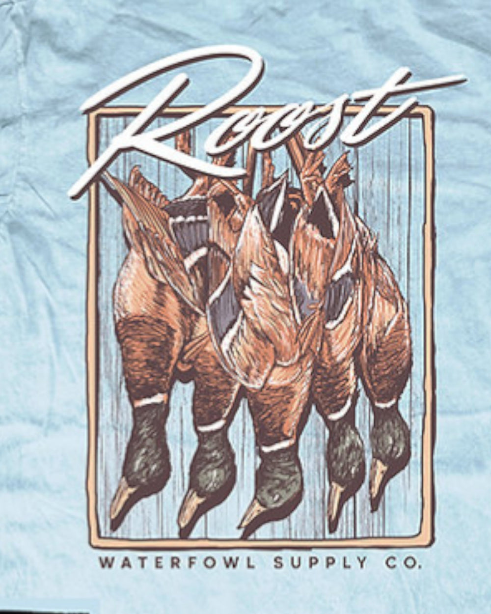 T-shirt with duck illustration and 'Reefst' branding on a light blue background