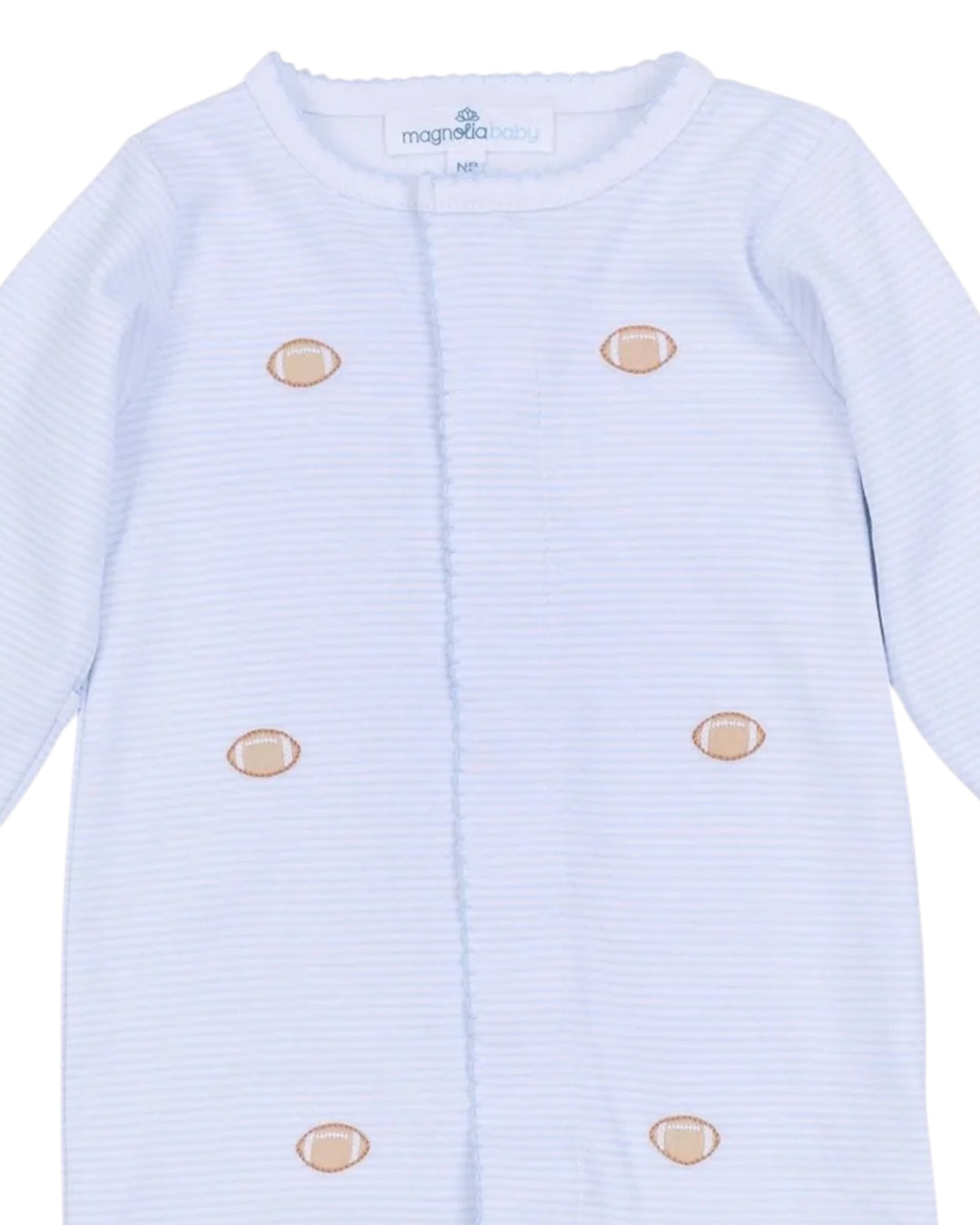 Light blue baby cardigan with gold buttons on a white background