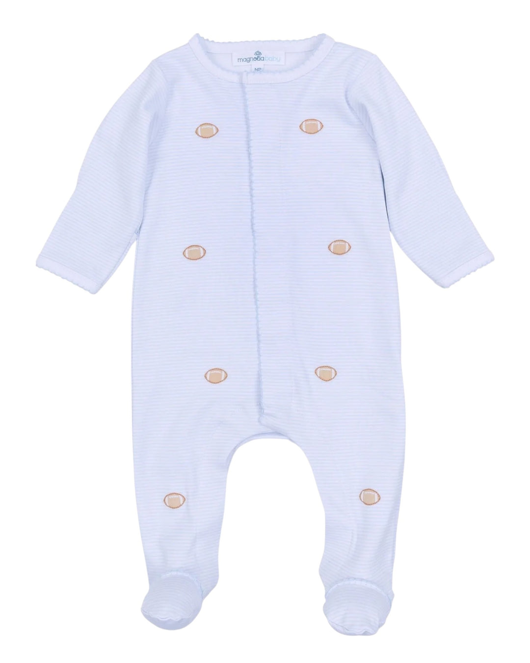 Light blue baby onesie with gold buttons on a white background
